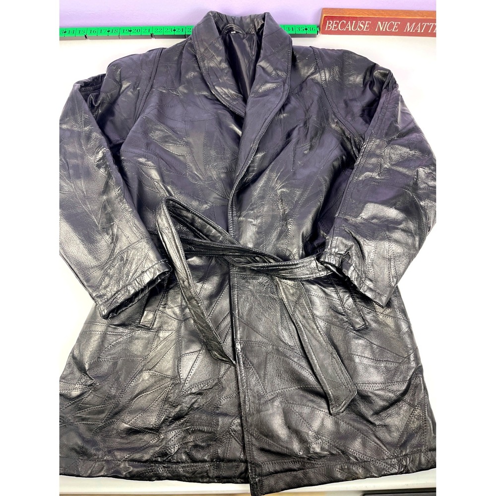 Vintage Black Patchwork Genuine Leather Trench Coat Belted Shawl Collar XL
